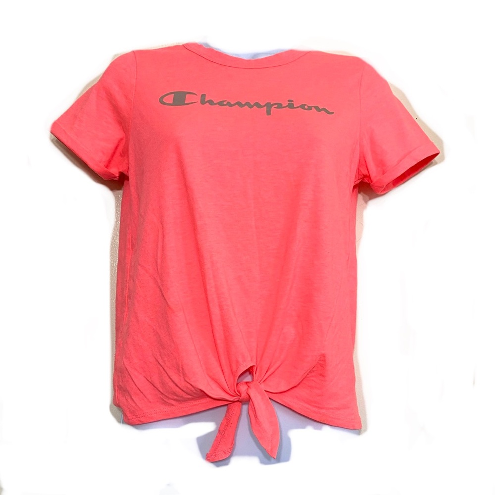 Champion logo knot-front tee. PINK short cuffed sleeve tie hem scoop neck top